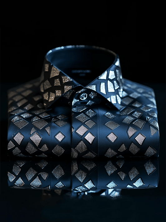 New Limited Edition Premium Satin Luxe Geometric Print Short Sleeve Button-Down Shirt