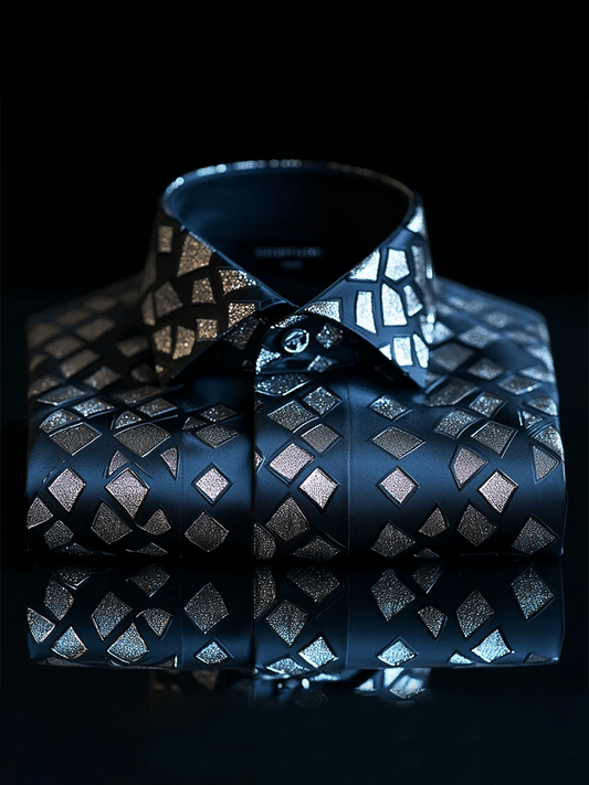 New Limited Edition Premium Satin Luxe Geometric Print Short Sleeve Button-Down Shirt